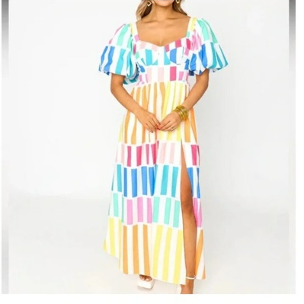 Buddy Love Jacqueline Rainbow Stripe Bustier Split Front Maxi Dress Sz M